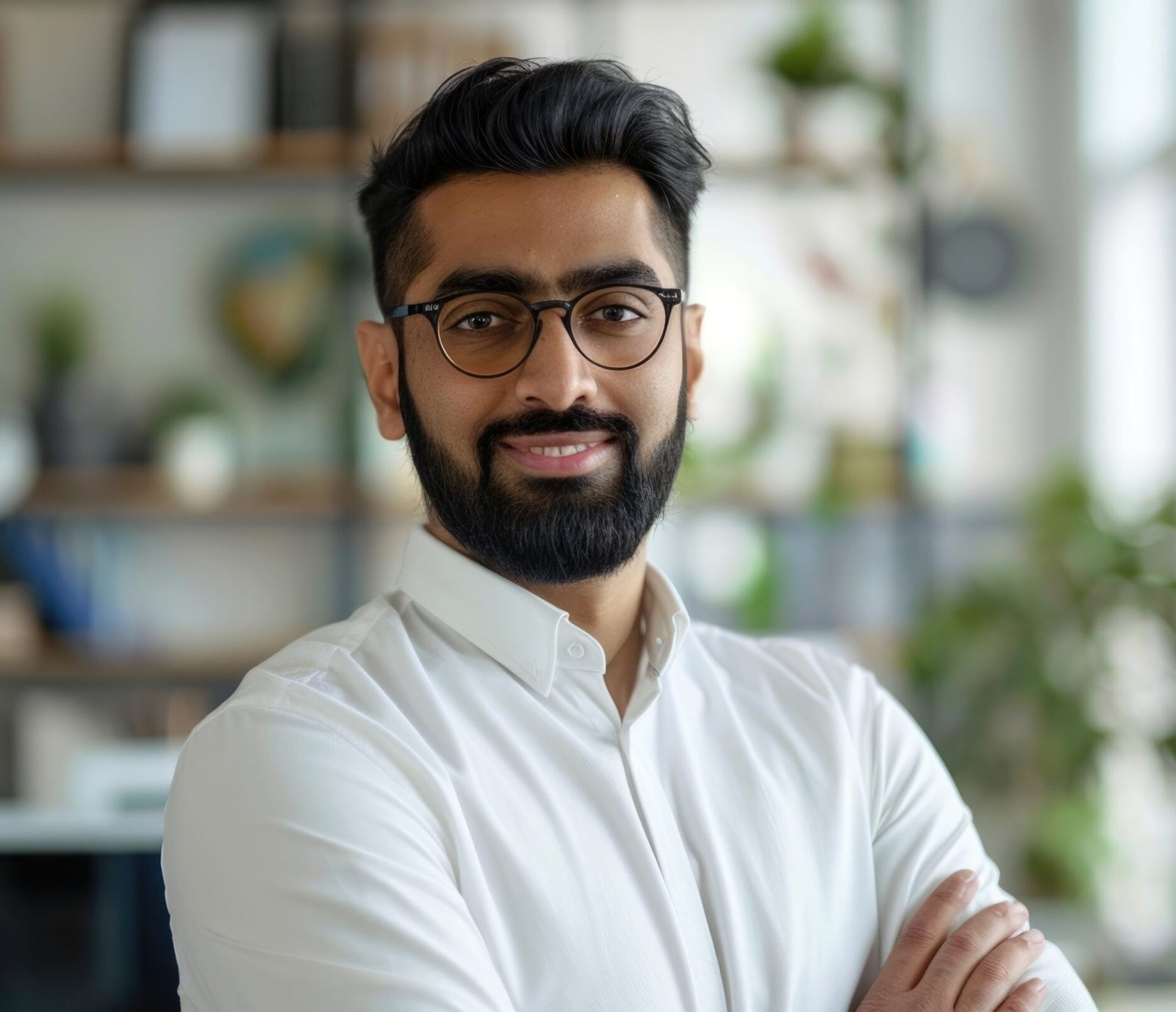 Happy Indian business man posing in office