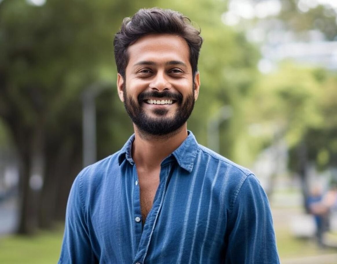 a man with a blue shirt that says he is smiling