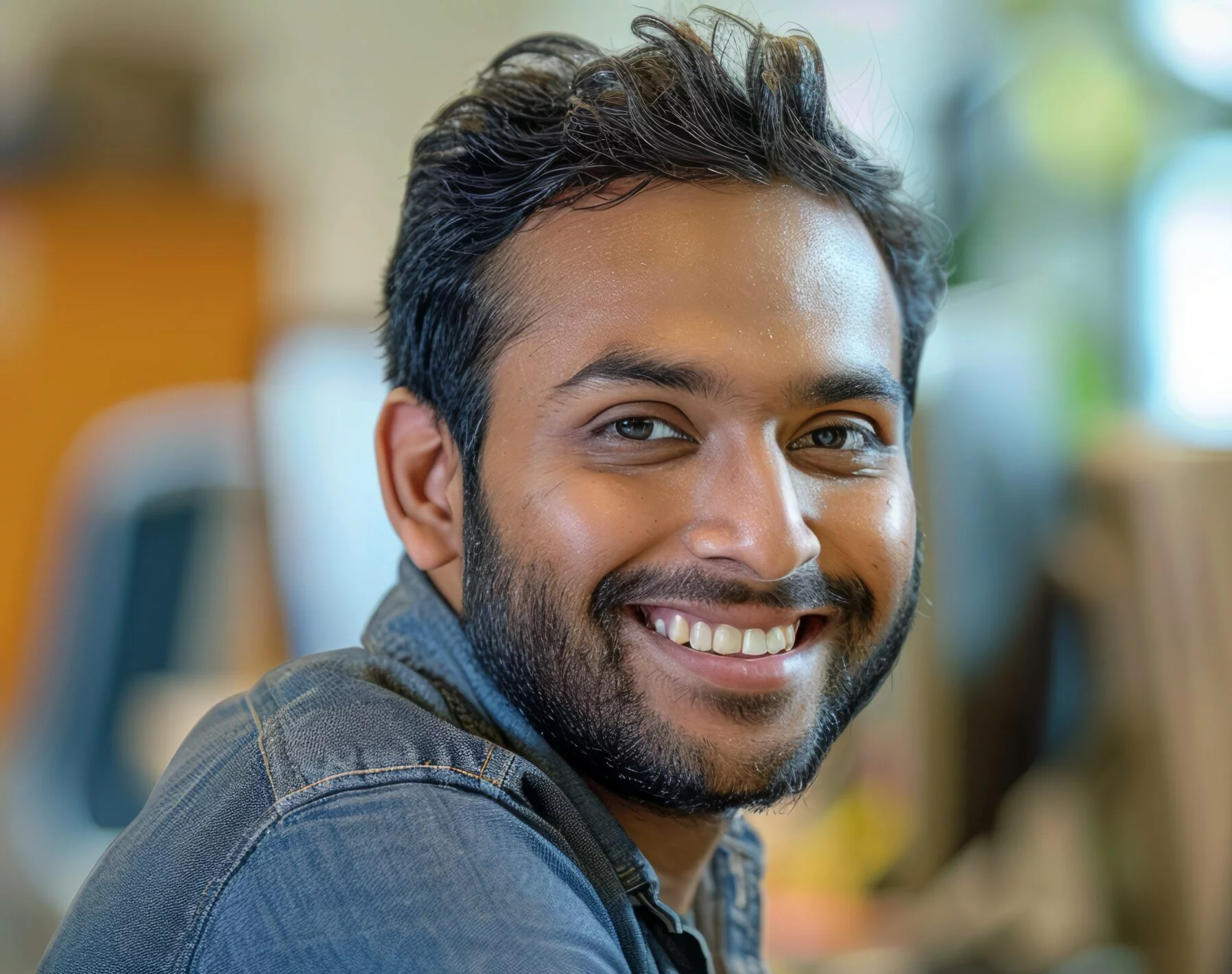 A smiling Indian male customer service representative works on his computer in